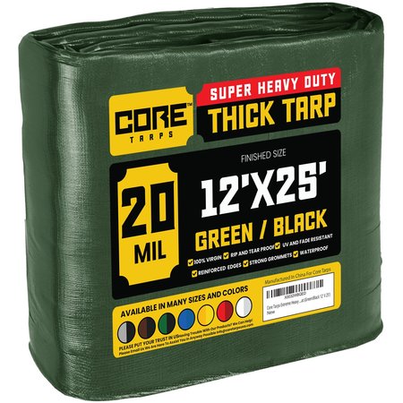 Core Tarps 25 ft L x 0.5 mm H x 12 ft W Heavy Duty 20 Mil Tarp, Green/Black, Polyethylene CT-703-12X25